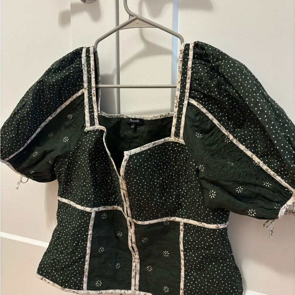 Madewell Dark Green Puff Sleeve Embroidered Peplum Blouse
